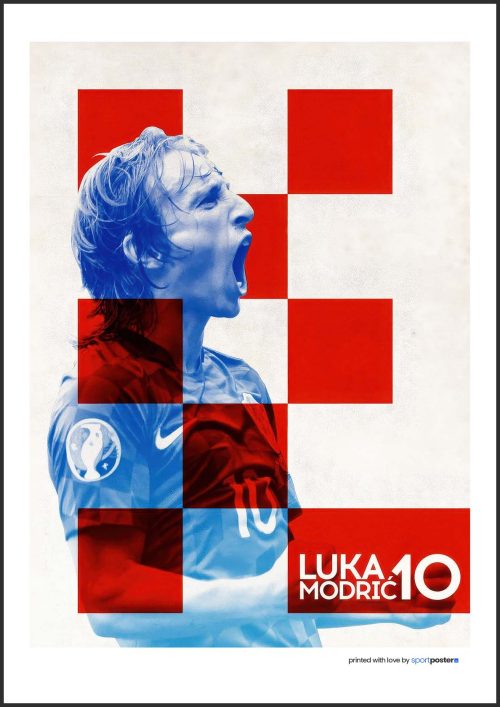 Umelecký grafický plagát Luka Modrić v modrej siluete s červenou chorvátskou šachovnicou.