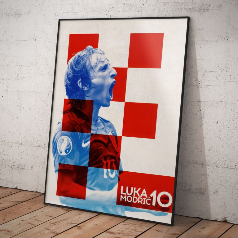 Umelecký grafický plagát Luka Modrić v modrej siluete s červenou chorvátskou šachovnicou.