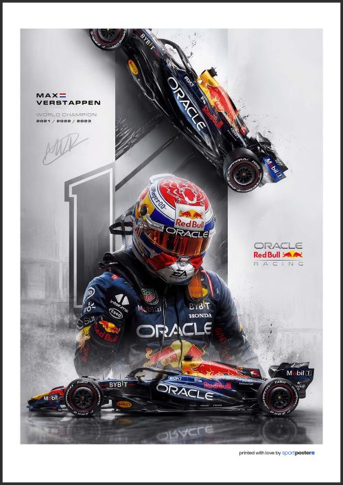 Exkluzívny F1 plagát Max Verstappen s prilbou a monopostom Red Bull Racing číslo 1.