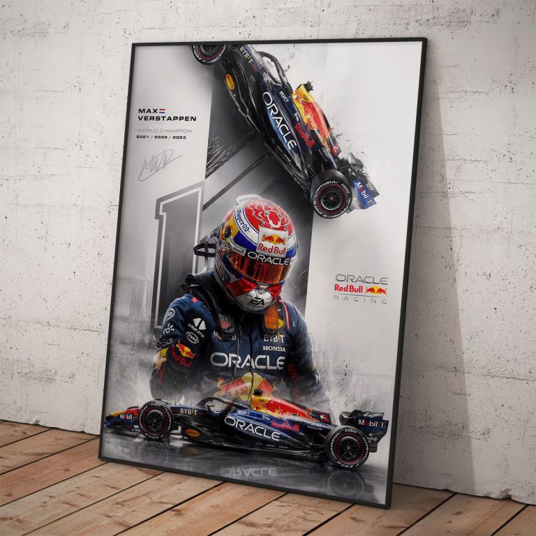 Exkluzívny F1 plagát Max Verstappen s prilbou a monopostom Red Bull Racing číslo 1.