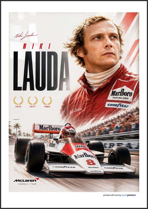 Spomienkový retro plagát Niki Lauda s portrétom, monopostom McLaren, podpisom a tromi vavrínovými vencami za tituly F1.
