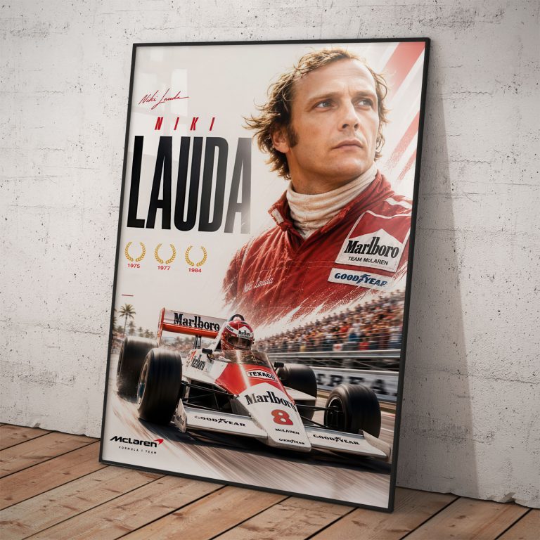 Spomienkový retro plagát Niki Lauda s portrétom, monopostom McLaren, podpisom a tromi vavrínovými vencami za tituly F1.
