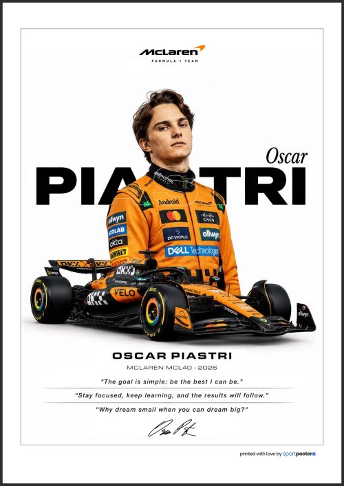 Prémiový plagát Oscar Piastri McLaren F1 z originálnej série v ráme.