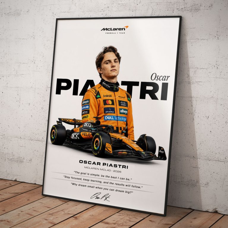 Prémiový plagát Oscar Piastri McLaren F1 z originálnej série v ráme.