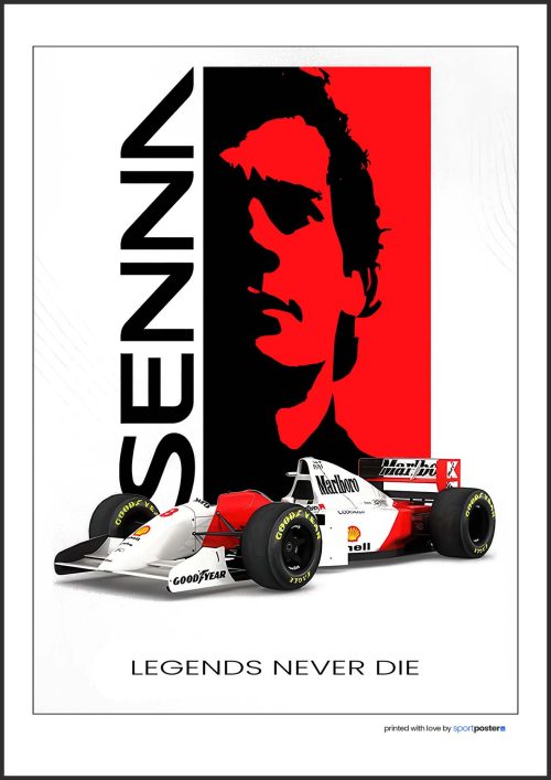 Umelecký plagát Ayrton Senna s ikonickým monopostom McLaren a nápisom Legends Never Die.