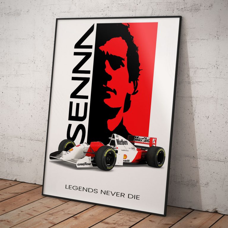 Umelecký plagát Ayrton Senna s ikonickým monopostom McLaren a nápisom Legends Never Die.