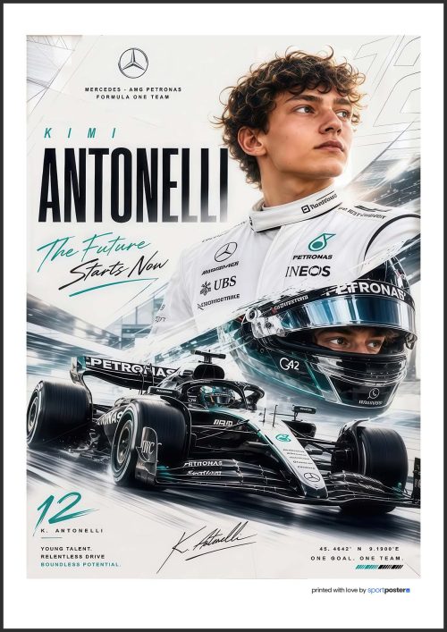 Dizajnový plagát Kimi Antonelli Mercedes F1 sezóna 2026 s monopostom číslo 12 a nápisom The Future Starts Now.