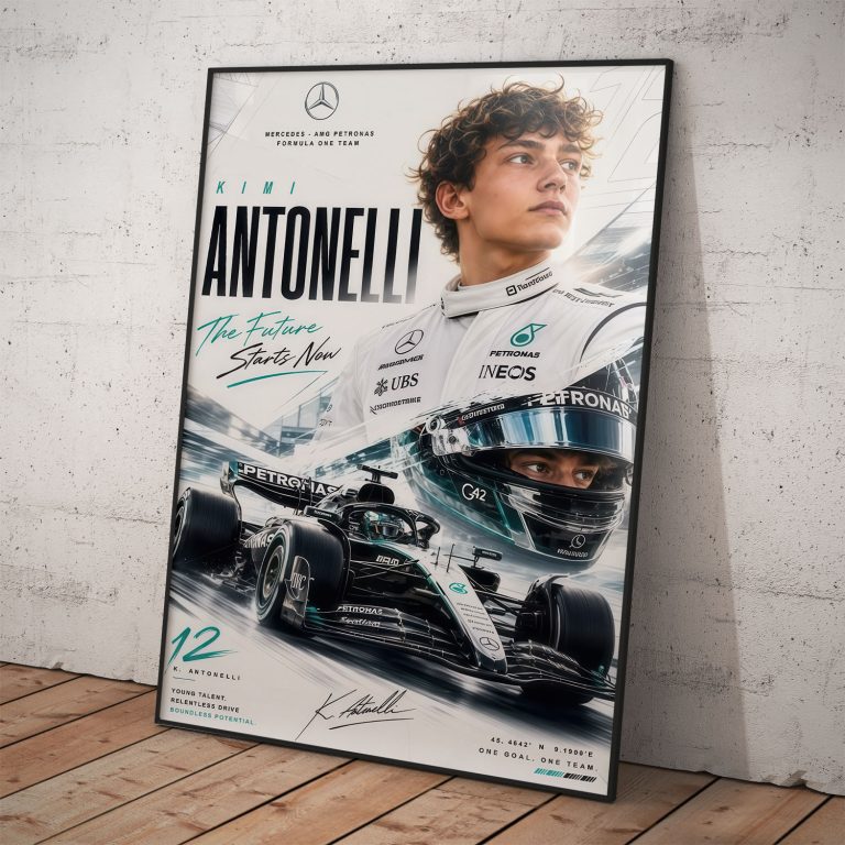Dizajnový plagát Kimi Antonelli Mercedes F1 sezóna 2026 s monopostom číslo 12 a nápisom The Future Starts Now.