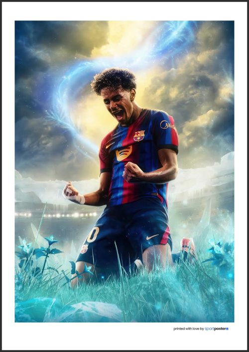 Plagát Lamine Yamal - Futbal - 15 | SportPoster.Sk Umelecký plagát Lamine Yamal oslavujúci gól na kolenách so svetelnou aurou v drese FC Barcelona.