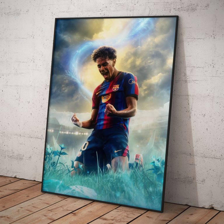 Umelecký plagát Lamine Yamal oslavujúci gól na kolenách so svetelnou aurou v drese FC Barcelona.