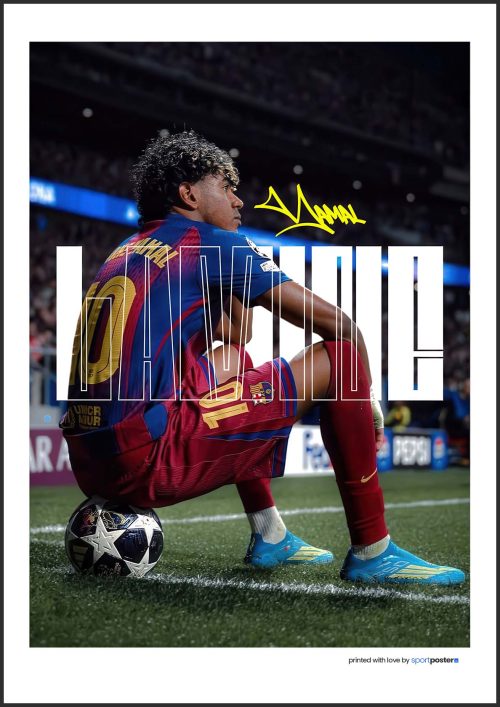 Umelecký plagát Lamine Yamal v drese FC Barcelona sediaci na futbalovej lopte so žltou korunkou a menom.