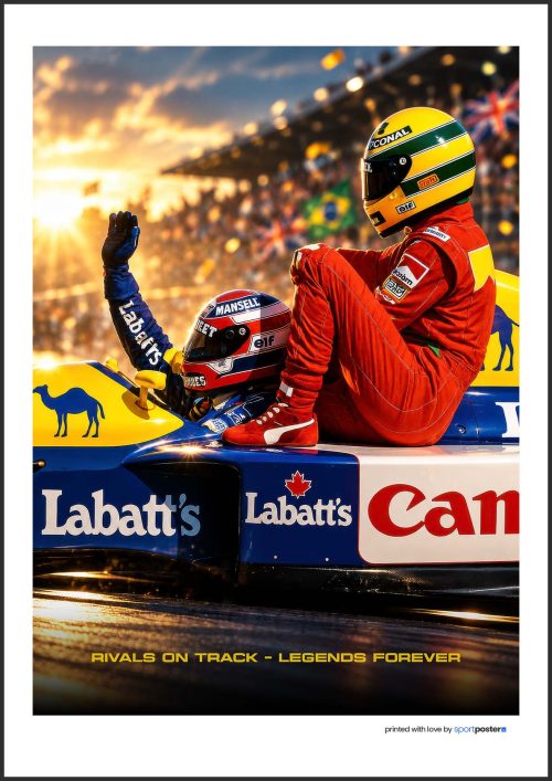 Poster Legendy Formula 1 - 18 | SportPoster.Sk Pamätný plagát F1 Nigel Mansell vezúci Ayrtona Sennu na monoposte Williams s nápisom Rivals on track Legends forever.