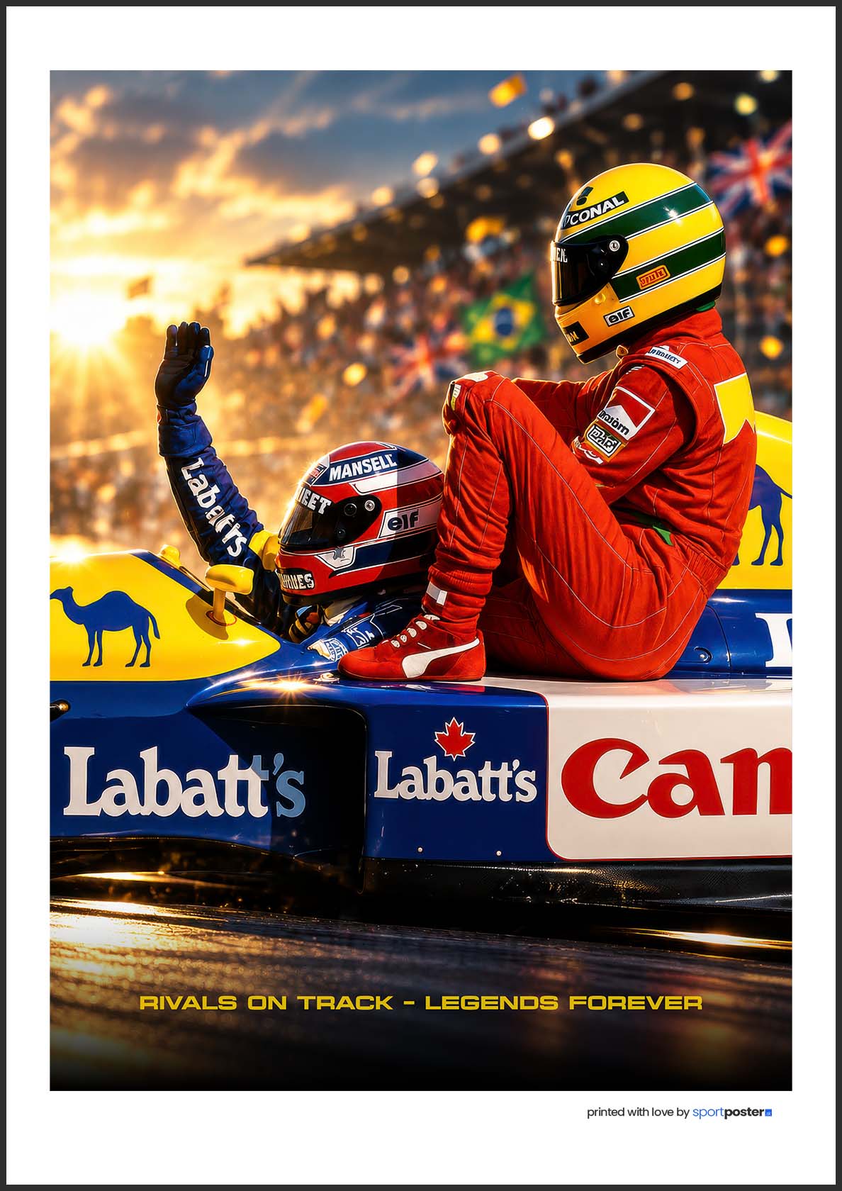 Pamätný plagát F1 Nigel Mansell vezúci Ayrtona Sennu na monoposte Williams s nápisom Rivals on track Legends forever.