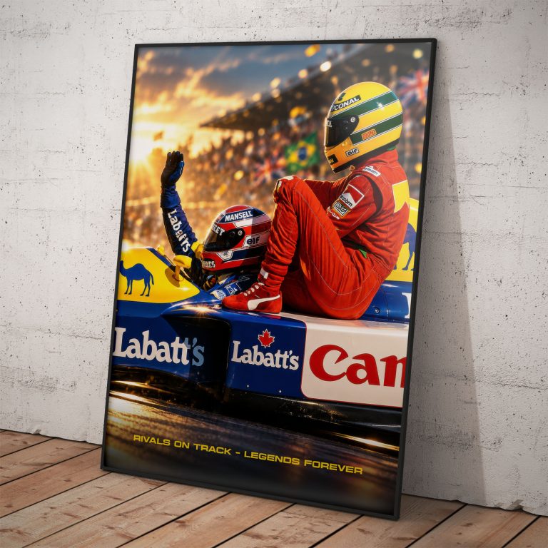 Pamätný plagát F1 Nigel Mansell vezúci Ayrtona Sennu na monoposte Williams s nápisom Rivals on track Legends forever.