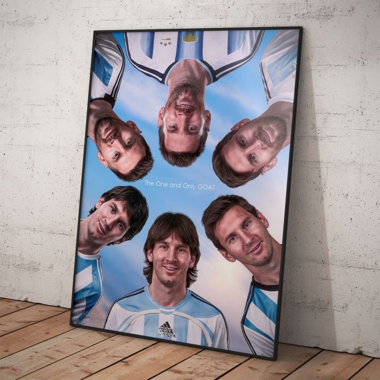 Umelecký kruhový plagát Lionel Messi s portrétmi od mladosti po dnes v argentínskom drese.