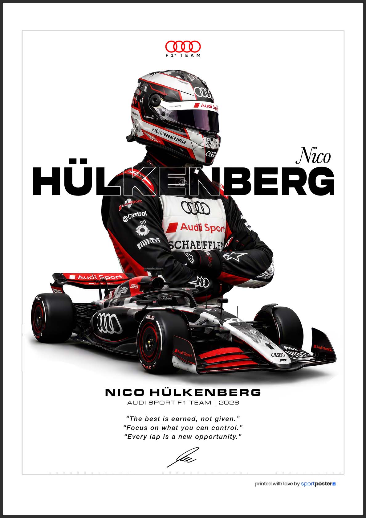 Prémiový plagát Nico Hülkenberg Audi Sport F1 z originálnej série v ráme.