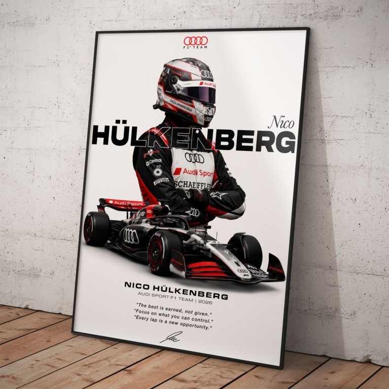 Prémiový plagát Nico Hülkenberg Audi Sport F1 z originálnej série v ráme.