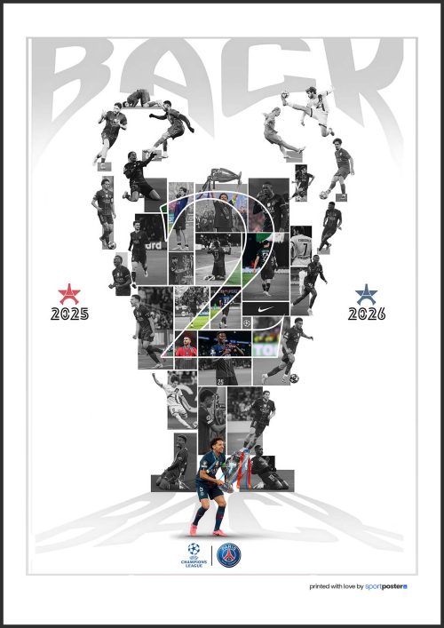 Pamätný plagát PSG s mozaikou hráčov v tvare trofeje pre roky 2025 a 2026.