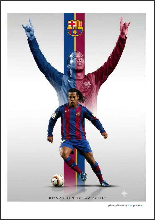 Umelecký plagát Ronaldinho Gaúcho v drese FC Barcelona s loptou a erbom na vertikálnom páse.