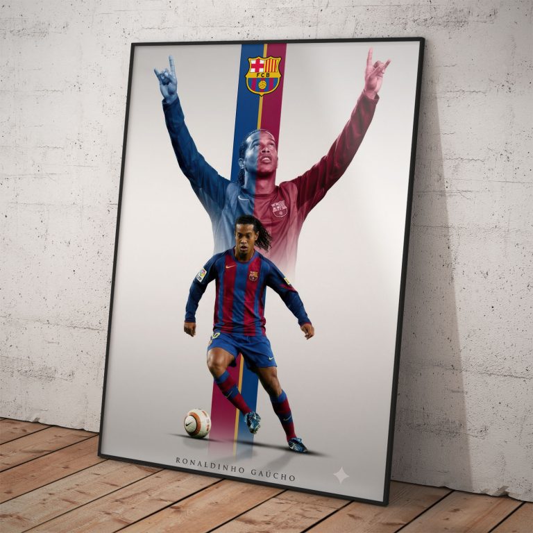 Umelecký plagát Ronaldinho Gaúcho v drese FC Barcelona s loptou a erbom na vertikálnom páse.