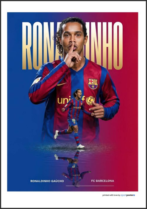 Umelecký plagát Ronaldinho FC Barcelona s gestom utíšenia a odrazom vo vode.