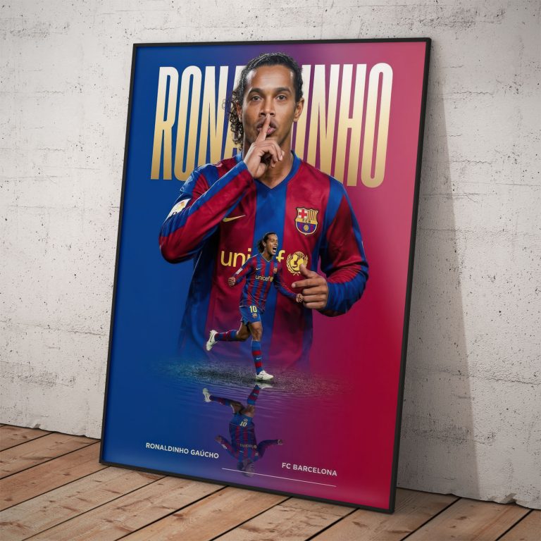 Umelecký plagát Ronaldinho FC Barcelona s gestom utíšenia a odrazom vo vode.