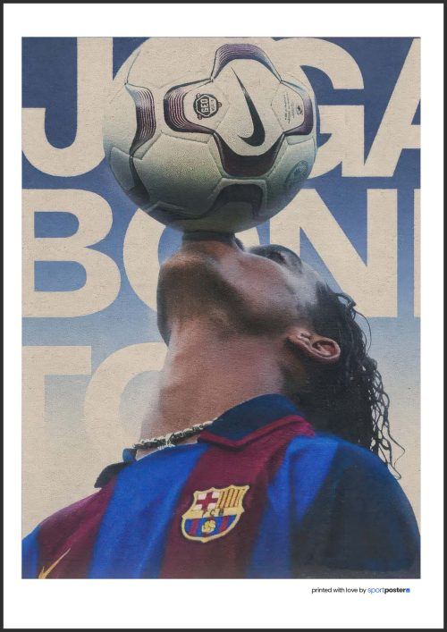 Retro plagát Ronaldinho balansujúci futbalovú loptu na tvári v drese FC Barcelona s nápisom Joga Bonito.