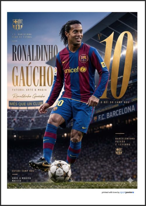 Pamätný plakát Ronaldinho Gaúcho na trávniku Camp Nou so zlatým číslom 10 a nápisom O Rei do Camp Nou.