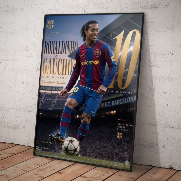 Pamätný plakát Ronaldinho Gaúcho na trávniku Camp Nou so zlatým číslom 10 a nápisom O Rei do Camp Nou.