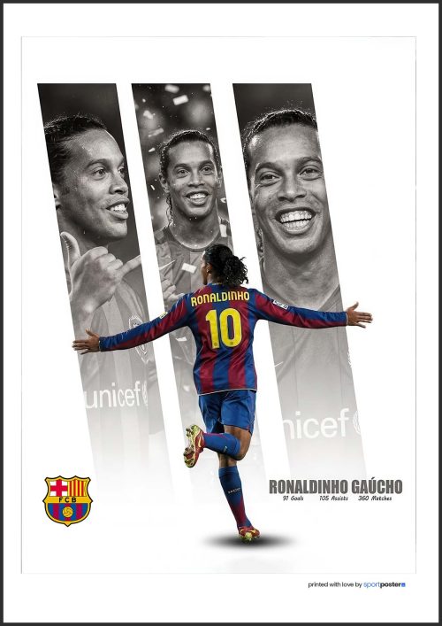 Minimalistický plagát Ronaldinho Gaúcho s triptychom portrétov, erbom FC Barcelona a štatistikami.