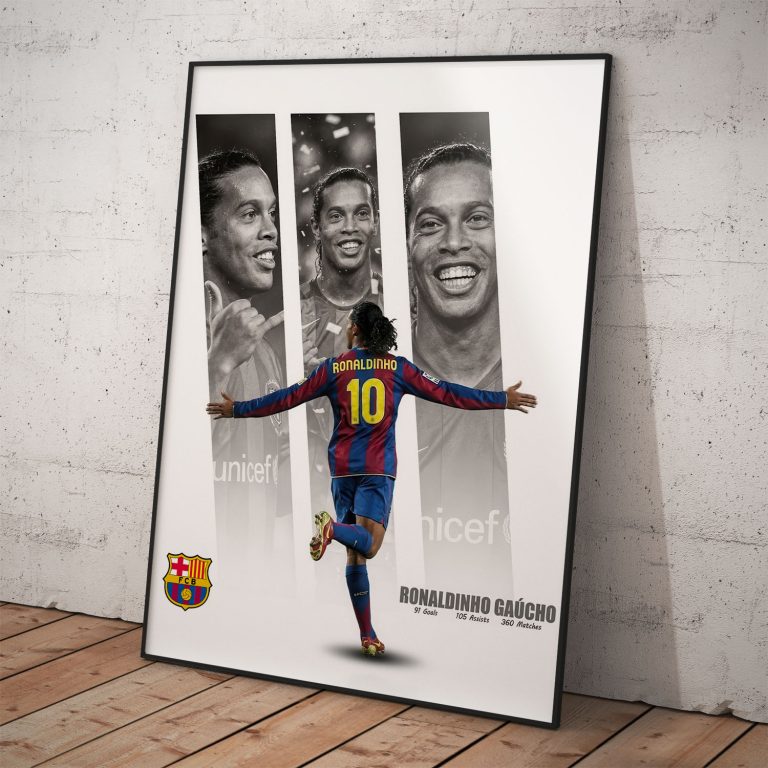 Minimalistický plagát Ronaldinho Gaúcho s triptychom portrétov, erbom FC Barcelona a štatistikami.