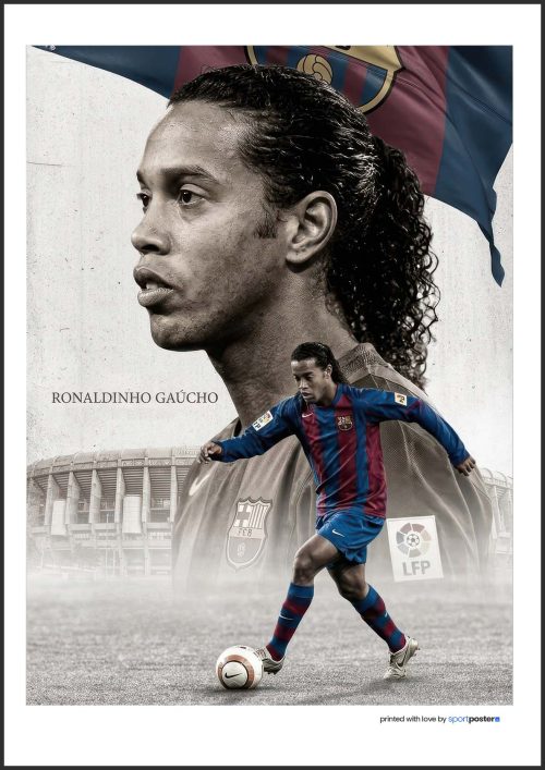 Umelecký plagát Ronaldinho Gaúcho s čiernobielym portrétom, štadiónom Camp Nou a vlajkou FC Barcelona.