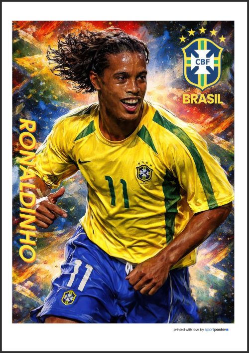 Umelecký dynamický plagát Ronaldinho v žltom drese Brazílie číslo 11 s erbom CBF a farebným pozadím.