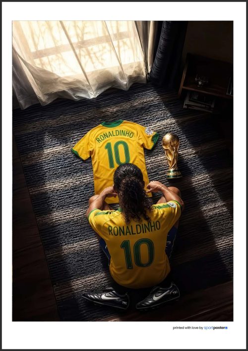Vtipný umelecký plagát Ronaldinho sediaci na koberci oproti dresu Brazílie s číslom 10 a trofejou pre majstrov sveta.