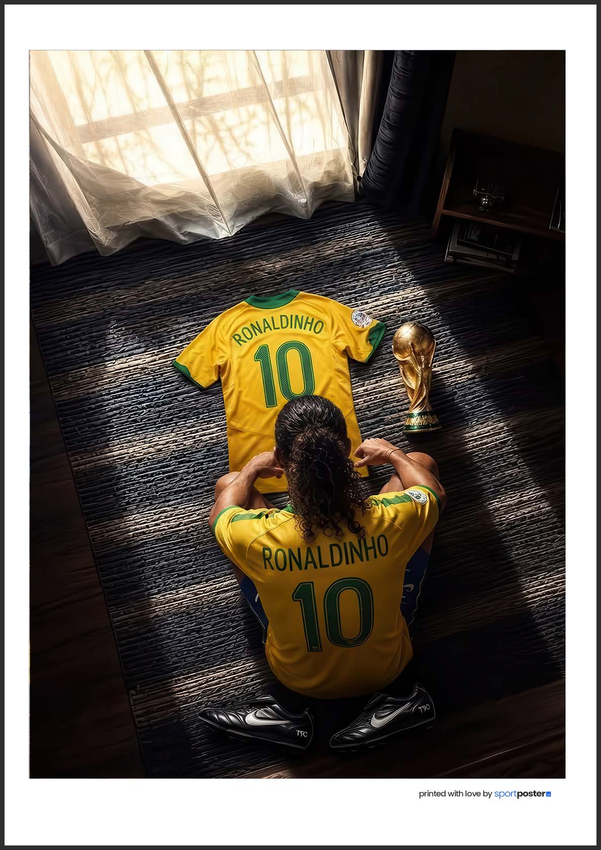 Vtipný umelecký plagát Ronaldinho sediaci na koberci oproti dresu Brazílie s číslom 10 a trofejou pre majstrov sveta.