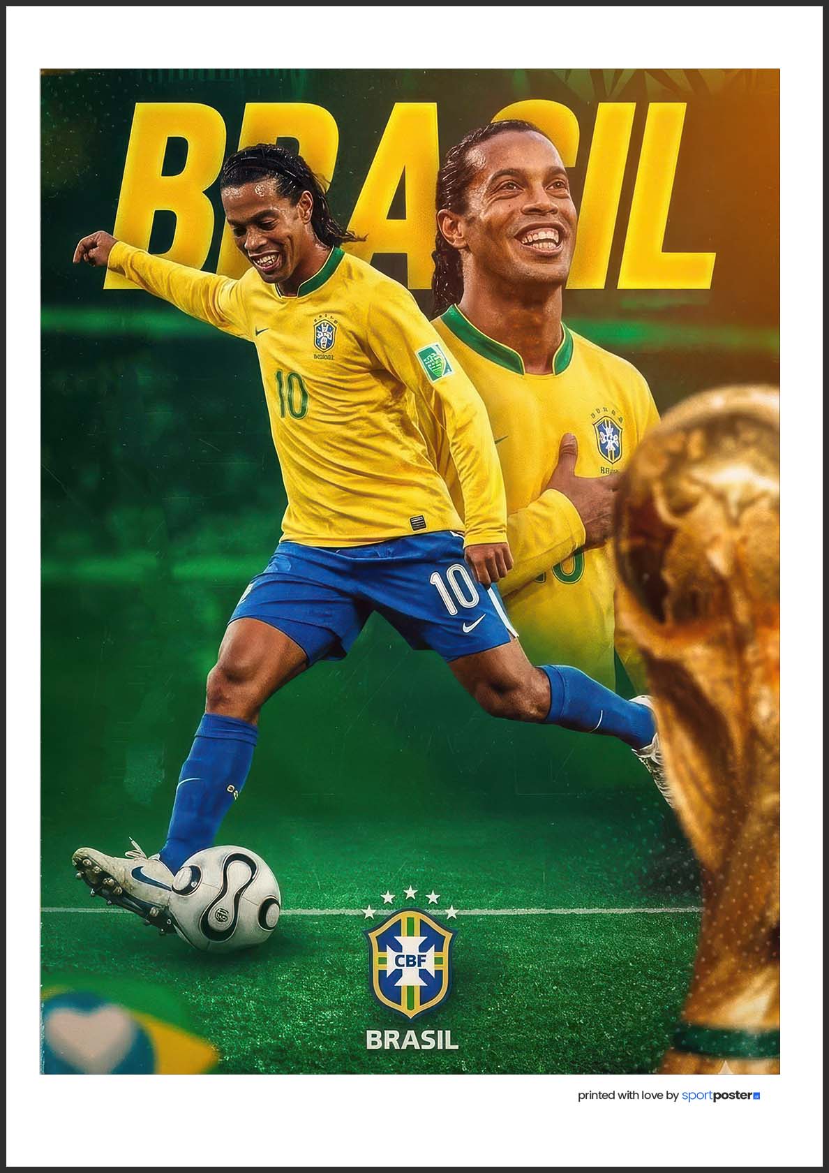 Zberateľský plagát Ronaldinho v drese Brazílie číslo 10 so zlatou trofejou pre majstrov sveta FIFA.