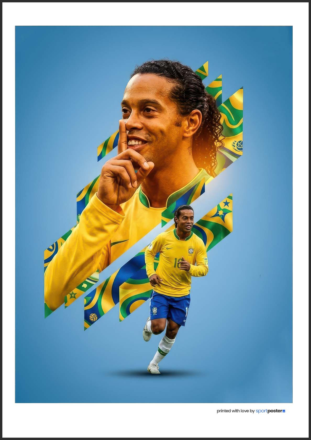 Minimalistický umelecký plagát Ronaldinho v žltom drese Brazílie s gestom utíšenia na modrom pozadí.