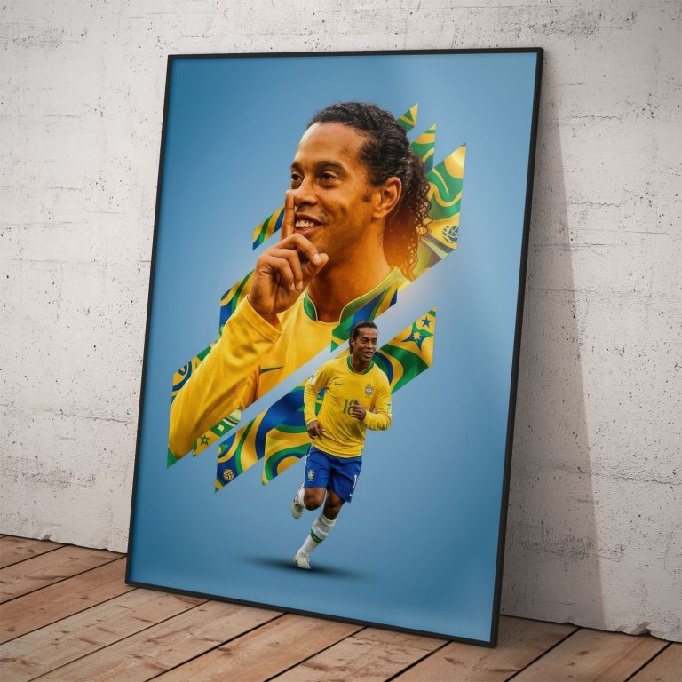 Minimalistický umelecký plagát Ronaldinho v žltom drese Brazílie s gestom utíšenia na modrom pozadí.