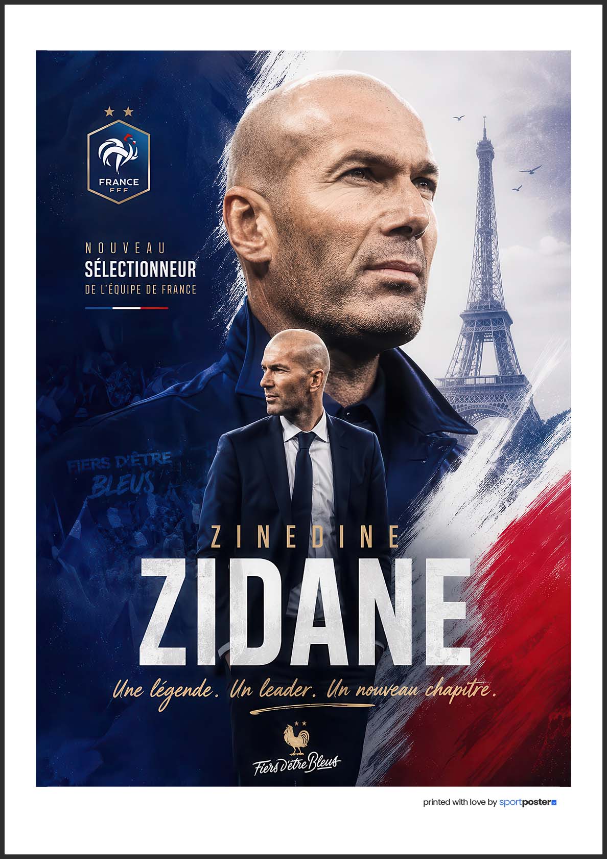 Umelecký plagát Zinedine Zidane s portrétom, Eiffelovou vežou a francúzskymi symbolmi.