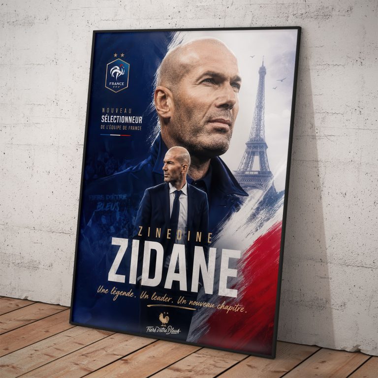 Umelecký plagát Zinedine Zidane s portrétom, Eiffelovou vežou a francúzskymi symbolmi.