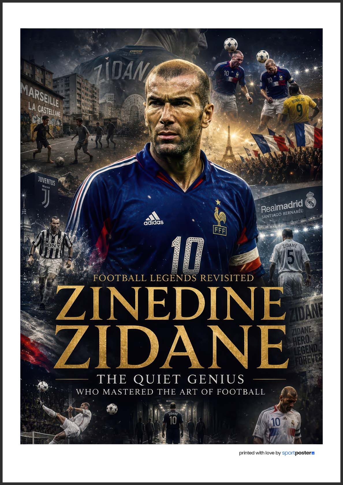 Plagát Zinedine Zidane – francúzska futbalová legenda v drese Francúzska, koláž kariéry v Reale Madrid a Juventuse.