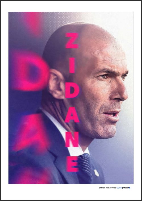 Dizajnový portrétny plagát Zinedine Zidane s ružovým neónovým nápisom a detailom tváre.