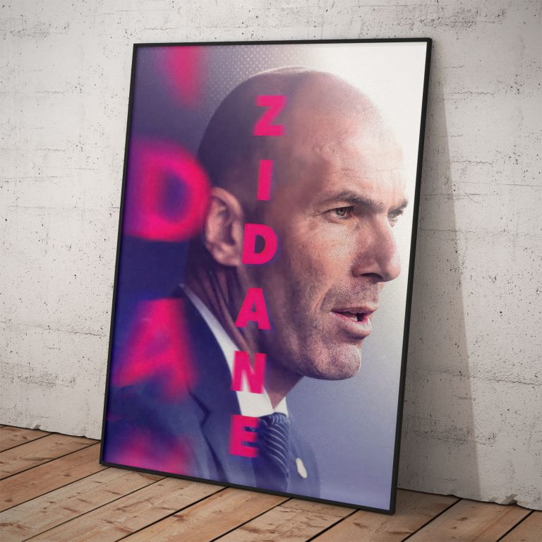 Dizajnový portrétny plagát Zinedine Zidane s ružovým neónovým nápisom a detailom tváre.