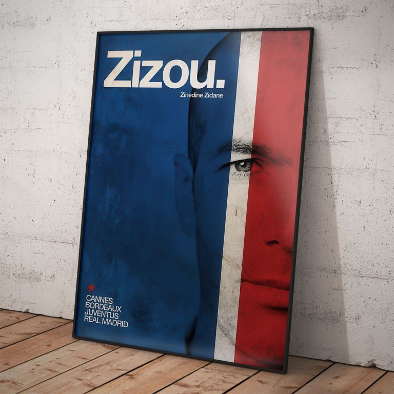 Umelecký plagát Zinedine Zidane v farbách francúzskej trikolóry s nápisom Zizou a klubovou históriou.