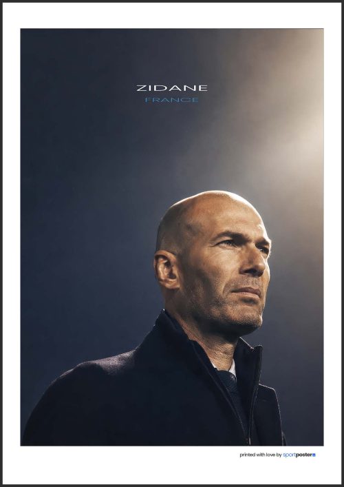 Dramatický portrétny plagát Zinedine Zidane na tmavom pozadí s nápisom Zidane France.