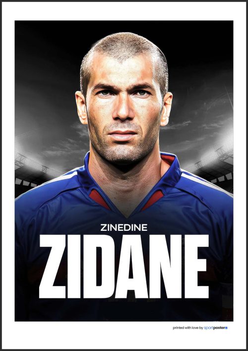 Zberateľský plagát Zinedine Zidane v modrom francúzskom drese na pozadí štadióna.