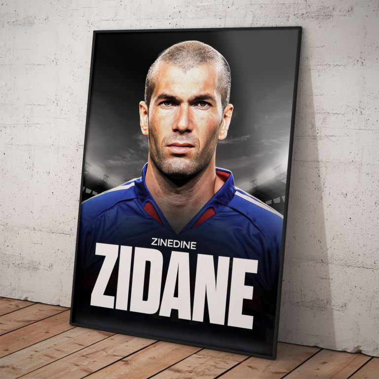 Zberateľský plagát Zinedine Zidane v modrom francúzskom drese na pozadí štadióna.